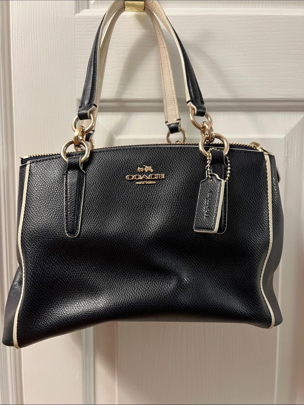 Coach Christie Carryall in navy crossgrain leather with contrasting cream piping